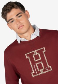 Burgundowa bluza z haftowanym znakiem "H" z czerwonym obramowaniem. Nosi się ją na jasnoniebieskiej koszuli w paski z kołnierzykiem.
