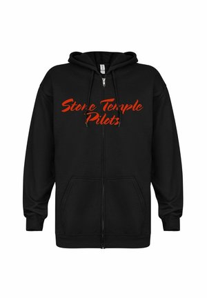 Mustapaita, jossa on pehmeä kangas ja jossa on suuri punainen "Stone Temple Pilots" -logo edessä, sekä kengurutaskut.