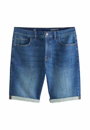 Blaue Denim-Shorts mit geradem Schnitt, umgeschlagenen Säumen, vorderer Knopfleiste, Gürtelschlaufen und Fünf-Taschen-Design.