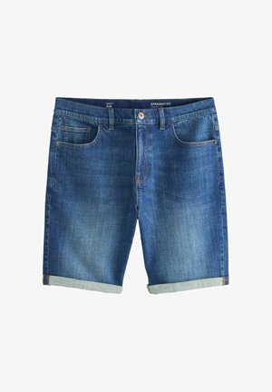 Pantaloni scurți din denim albastru, croială dreptă, tivuri întoarse, închidere frontală cu nasturi, șlefuire pentru curea și design cu cinci buzunare.