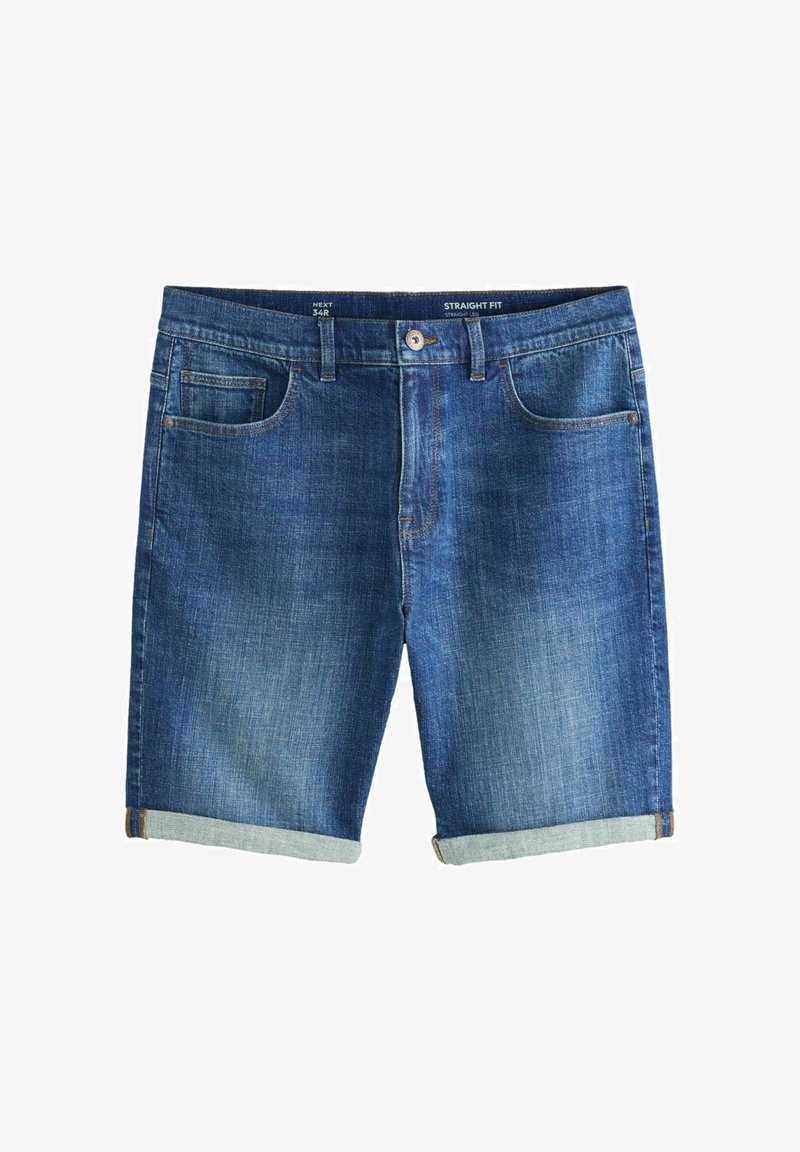 Niebieskie, dżinsowe szorty o prostym kroju z podwiniętymi nogawkami, zapięciem na guziki z przodu, szlufkami na pasek oraz pięcioma kieszeniami.