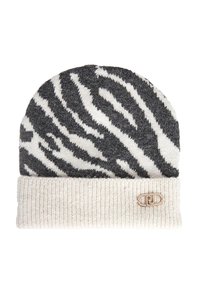 Berretto lavorato a maglia in grigio e bianco con design a stampa zebra e bordo a costine color crema. Include un accentuazione in metallo sul bordo.
