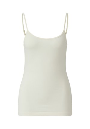 Hellbeiges Camisole-Top aus weichem, dehnbarem Stoff. Mit dünnen, verstellbaren Trägern, einer taillierten Silhouette und einem abgerundeten Ausschnitt.