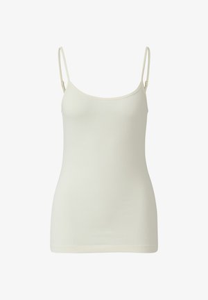 Caraco beige clair, fabriqué en tissu doux et extensible. Il présente des bretelles fines réglables, une silhouette cintrée et un col arrondi.