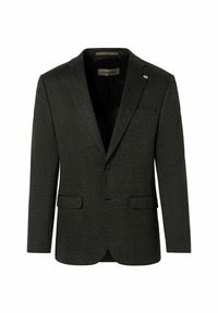 Dunkelgrauer Blazer aus strukturiertem Stoff, mit einem Ein-Knopf-Verschluss, Reverskragen und zwei vorderen Taschen. Bietet eine schlanke, taillierte Passform.