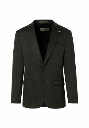 Dunkelgrauer Blazer aus strukturiertem Stoff, mit einem Ein-Knopf-Verschluss, Reverskragen und zwei vorderen Taschen. Bietet eine schlanke, taillierte Passform.