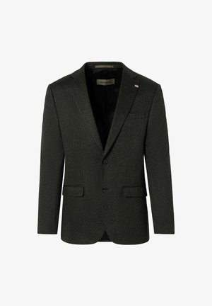 Donkergrijze blazer van een gestructureerde stof, met een enkele knoopsluiting, notch revers en dubbele voorzakken. Heeft een slanke, op maat gemaakte pasvorm.