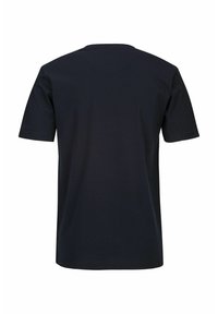 Schwarzes T-Shirt, kurze Ärmel, runder Halsausschnitt, aus Baumwolle. Glatte Textur mit schlichtem Design, keine Muster oder Akzente. Rückansicht dargestellt.