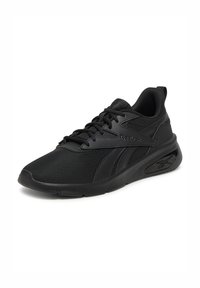 Pantof cu design sportiv de culoare neagră, cu susținere din plasă și sintetic, închidere cu șireturi, guler căptușit și talpă cu textură. Are un logo contrastant pe lateral.