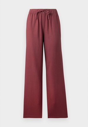 Wide-leg, high-waist pants in burgundy with an elastic waistband and a front tie drawstring closure.