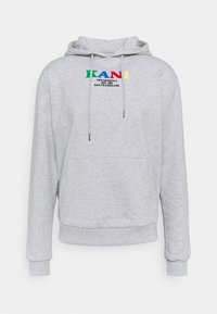 Felpa grigia realizzata in morbido tessuto, con tasca a marsupio, cappuccio con cordino e colorato logo "KANI" sul petto.