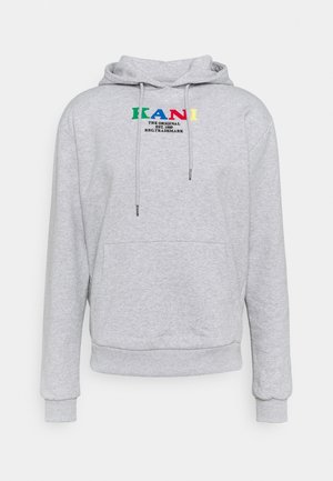 Grauer Hoodie aus weichem Stoff, mit einer Kängurutasche, Kapuze mit Kordelzug und buntem "KANI"-Logo auf der Brust.