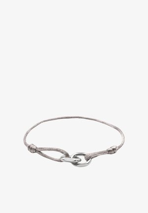 Silver chain link connected to thin grey braided cord forming a minimalist bracelet with knotted ends.