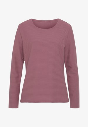 Haut à manches longues de couleur rose avec un col en forme de décolleté arrondi et un motif à rayures texturé. Fabriqué en tissu doux, avec une coupe décontractée.