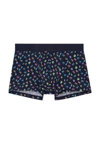 Boxer da uomo blu navy con motivi colorati e giocosi di foglie e forme astratte. Tessuto morbido con un comodo elastico in vita.