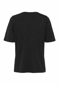Sort kortærmet t-shirt med rund halsudskæring, der har en glat tekstur og en løs pasform. Ingen mønstre eller synlig hardware.