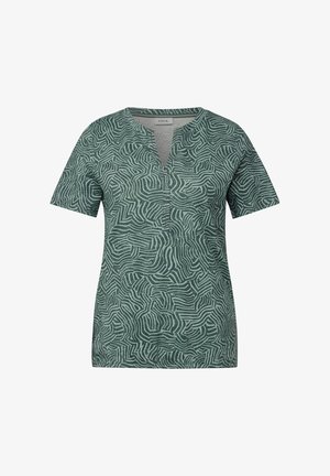 Koszula z krótkim rękawem w kolorze zielonym z teksturowanym, falistym białym wzorem, posiadająca dekolt w kształcie litery V i luźny krój. Wykonana z miękkiego materiału.