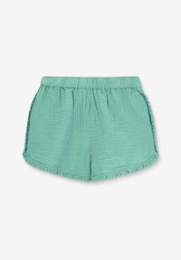 Lichtgroene shorts van textuurstof, met een elastische tailleband en een gerimpelde zoom, met een ontspannen pasvorm en afgeronde zijnaden.