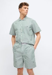 Άνδρας που φοράει πράσινο και λευκό πουκάμισο με κατακόρυφες ρίγες και κοντά μανίκια, καθώς και σορτς με μικρά λογότυπα κροκοδείλων, με τα χέρια στις τσέπες, κοιτάζοντας προς τα πλάγια.