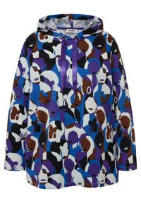 Sudadera con capucha en diseño abstracto de cara multicolor. Hecha de tela suave, con una combinación de colores azul, negro, marrón y blanco. Cuerdas moradas.