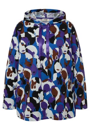 Felpa con cappuccio dai colori multicolori con design astratto di un volto. Realizzata in tessuto morbido, presenta una combinazione di colori blu, nero, marrone e bianco. Cordini viola.