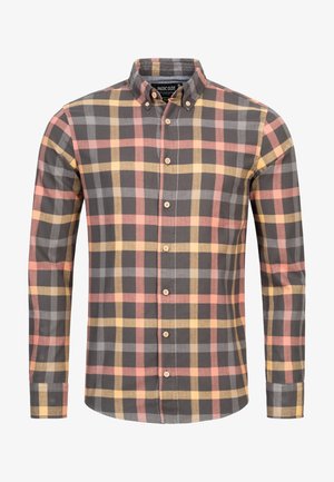 Button-up shirt with a checkered pattern in shades of gray, pink, and yellow. Made of fabric with a smooth texture and a classic collar.
