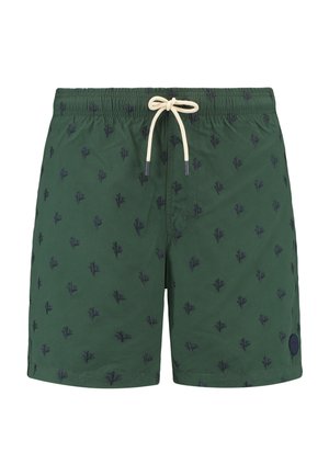 Groene zwemshorts van zachte stof met marineblauwe bladerenpatronen, elastische tailleband en een trekkoord aan de voorkant. Voorzien van zijk отвечки и логотипом.