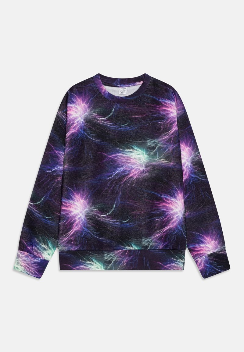 Black sweatshirt with colorful electric-like patterns in purple, blue, and green. Features a crew neckline and long sleeves. Soft texture.