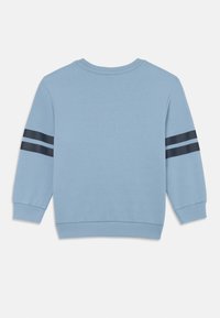 Hellblaues Sweatshirt aus weichem Stoff, mit schwarzen Streifen an den Ärmeln, gerippten Bündchen und Rundhalsausschnitt. Rückansicht angezeigt.