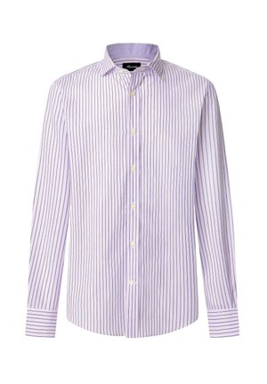 Lichtpaarse langgestreepte blouse met dunne verticale strepen, knoopsluiting aan de voorkant, puntkraag en manchetten, gemaakt van een gladde stof.