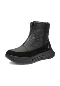 Schwarze Knöchelstiefel mit einem gesteppten synthetischen Obermaterial, seitlichem Reißverschluss, strukturiertem Sohlen und weicher Innenausstattung, ideal für kalte Wetterbedingungen.