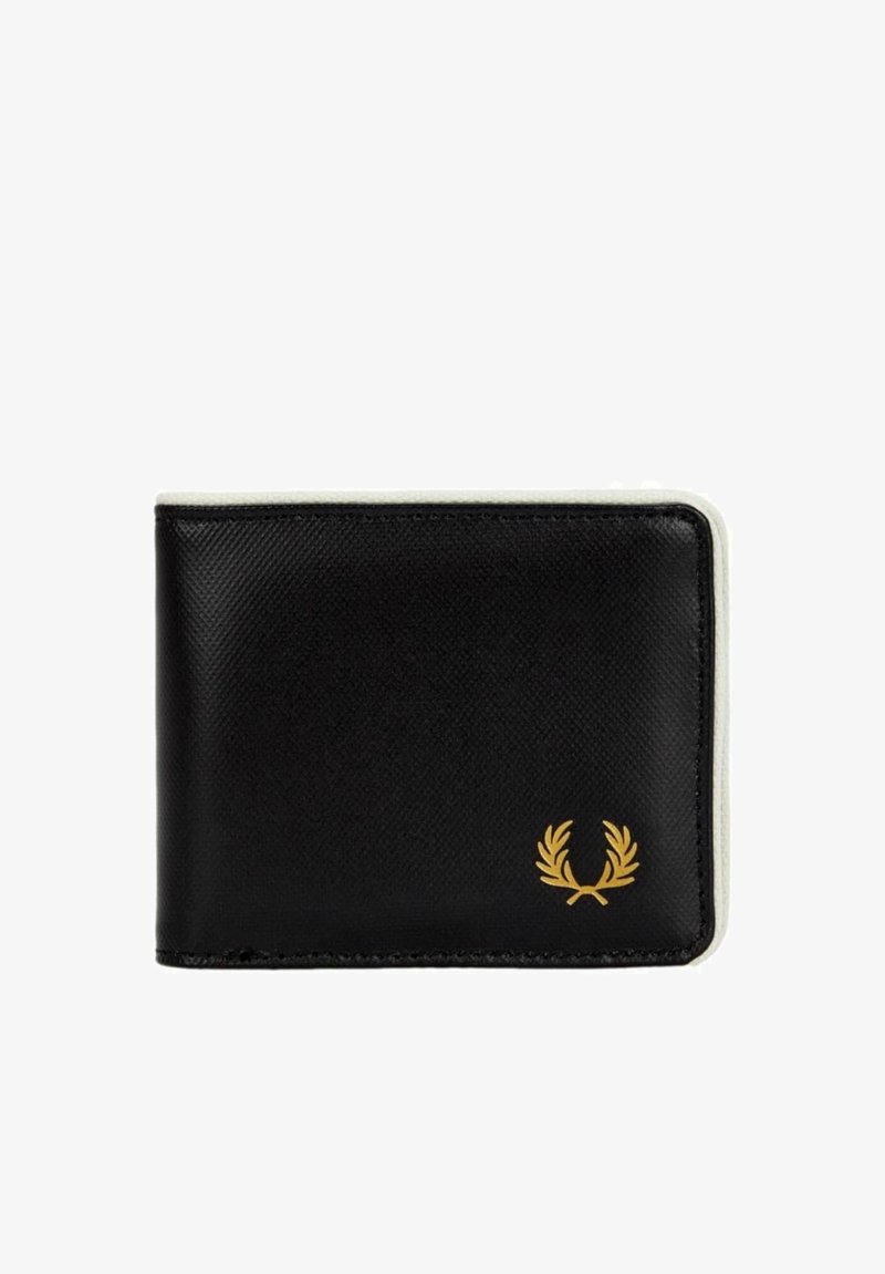 Portafoglio in pelle nera con finitura testurizzata, cuciture bianche e un logo di alloro dorato sul davanti. Design verticale compatto.