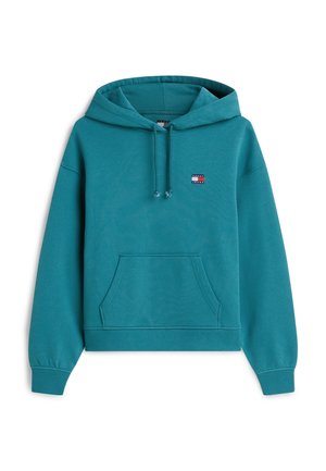 Morska zielona bluza z kapturem, przednią kieszenią kangur, kapturem ze sznurkiem, ściągaczami na mankietach i małym logo Tommy Jeans na lewej piersi.