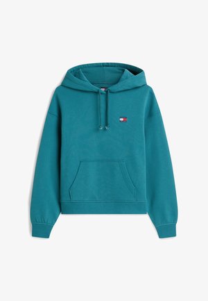 Felpa con cappuccio color verde acqua, tasca a marsupio frontale, cappuccio con coulisse, polsini a coste e piccolo logo Tommy Jeans sul petto a sinistra.