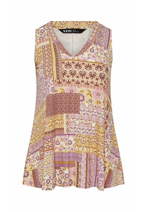 Top da donna senza maniche con scollo a V, caratterizzato da un patchwork di motivi floreali e geometrici in tonalità di rosa, giallo e marrone.