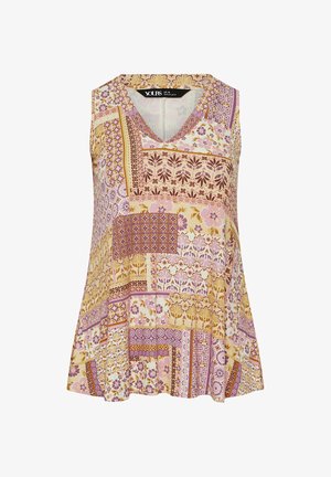 Top da donna senza maniche con scollo a V, caratterizzato da un patchwork di motivi floreali e geometrici in tonalità di rosa, giallo e marrone.