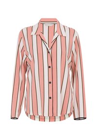 Bluzka w paski w kolorze różowym, białym i czarnym. Długie rękawy, kołnierzyk z zapięciem na guziki, z zaokrąglonym dołem i miękką teksturą materiału.