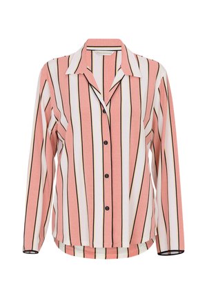 Blouse rayée en rose, blanc et noir. Manches longues, col avec fermeture à boutons, dotée d'une ourlet arrondi et d'une texture de tissu douce.