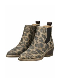 Botas de tobillo de estampado de leopardo con punta afilada, paneles laterales elásticos marrones y tacón bajo apilado. El material texturizado imita la piel de animal.