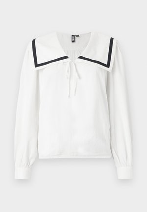 White long-sleeve blouse with a large sailor collar featuring navy blue trim, adjustable tie at the neckline, and gathered sleeves.