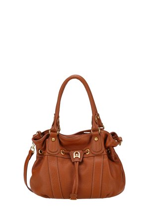 Sac à main en cuir marron avec deux poignées, garnitures dorées et détail de fermeture à cordon sur le devant.