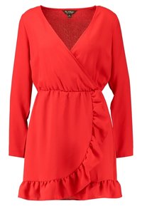 Vestido rojo envolvente con mangas largas, escote en V, cintura fruncida y dobladillo asimétrico con volantes. Confeccionado con una tela suave y ligera.