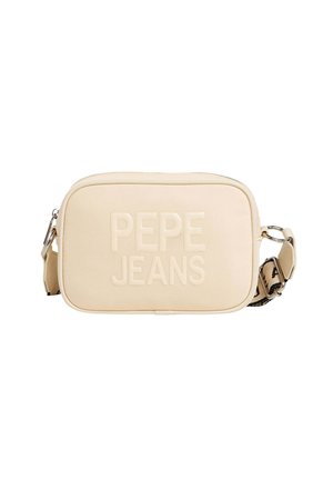 Beige rechthoekige schoudertas met geperforeerd "PEPE JEANS" logo. Beschikt over een ritsluiting en een verstelbare schouderband met patroondetail.