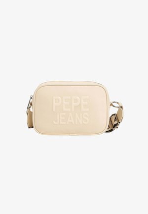 Béžová obdélníková crossbody taška s embosovaným logem "PEPE JEANS". Obsahuje zipové zapínání a nastavitelný popruh s vzorovaným detaily.