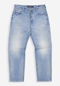 Hellblaue Jeans mit geradem Schnitt, dezentem Verblassen, fünf Taschen und Metallbeschlägen. Keine sichtbaren Muster.