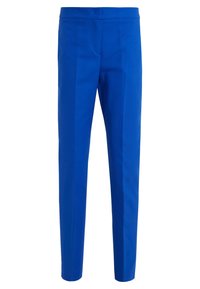 Jasnoniebieskie, dopasowane spodnie uszyte z gładkiego materiału. Posiadają płaską przednią stronę i proste nogawki z minimalnymi detalami.
