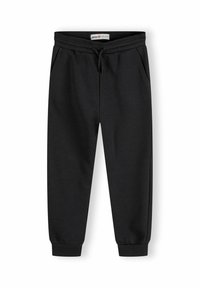 Čierne jogger nohavice vyrobené z mäkkého materiálu s elastickým pásom a šnúrkou na stiahnutie, bočnými vreckami a rebrovanými manžetami.