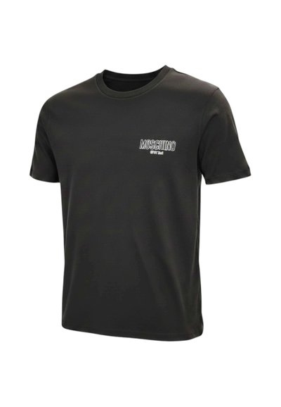 T-shirt nera a maniche corte con scollo a girocollo e piccolo logo bianco "Moschino Swim" sulla parte superiore sinistra del petto.