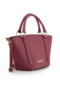 Sac à main en cuir bordeaux avec texture lisse, deux poignées supérieures et quincaillerie dorée. Comprend une bandoulière amovible et un logo en relief.