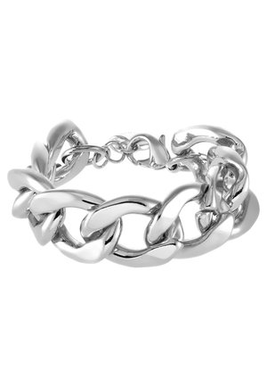 Braccialetto a catena in argento lucido con grandi maglie intrecciate e chiusura a moschettone su sfondo bianco.